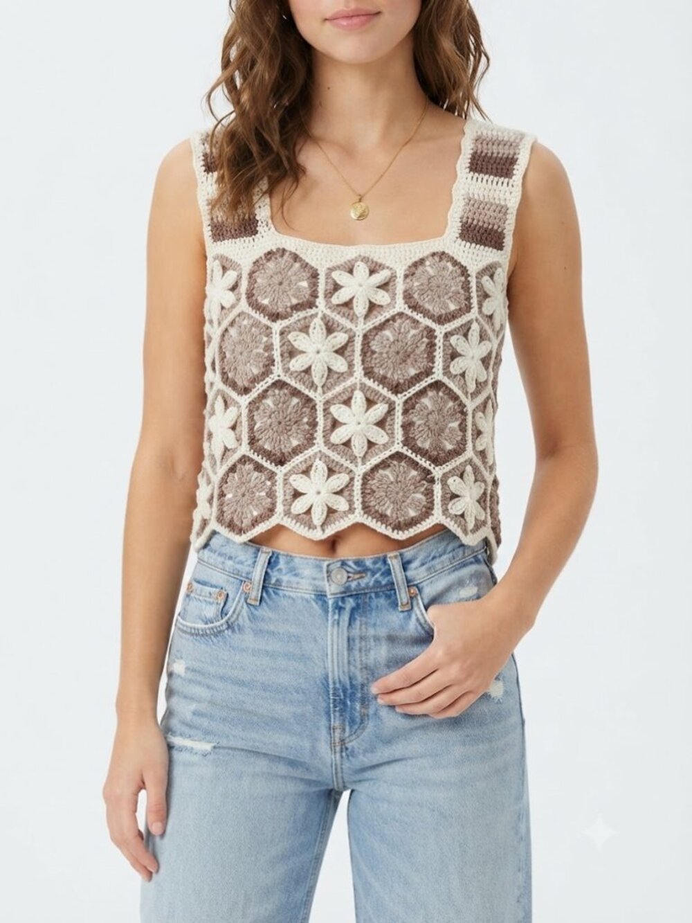 Rebellion Again Crochet Floral Granny Square Tank Top Brown Cream S